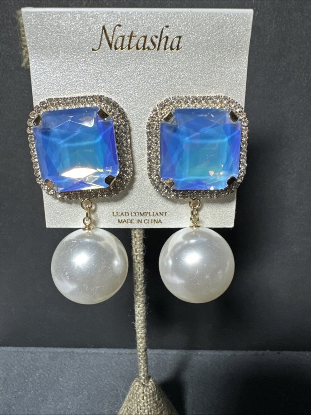 Natasha Over Sized Pearl Drop/ Aqua Blue Iridescent Crystal Pierced Earrings